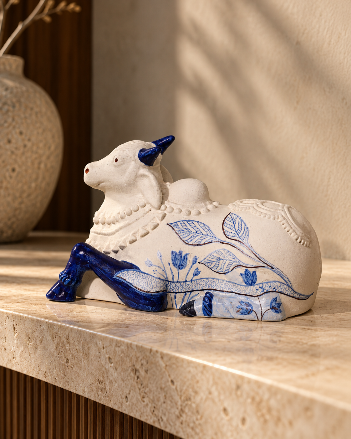 Cobalt-Blue Cow on Stone Shelf